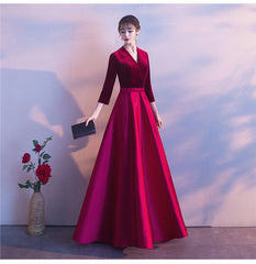 Dark Red Satin and Velvet Simple Long Wedding Party Dress