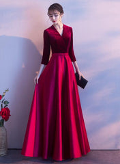 Dark Red Satin and Velvet Simple Long Wedding Party Dress
