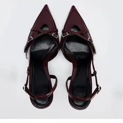 Deep red stunning highheeled shoes Fashionable pointedtoe opentoe elegant cross-strap thin highheeled sandals Size 35-42