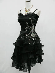 Black Organza Beaded Straps Short Party Dress