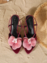 Elegant Burgundy Satin Orchid Stiletto Mules