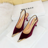 Elegant Green High Heel Velvet Pumps Wedding Party Slingback Sandals Metal Pointed Toe Hollow Buckle Wine Red Shoes