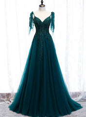 Lovely A-line Straps Tulle Teal Blue Long Evening Dress Prom Dress