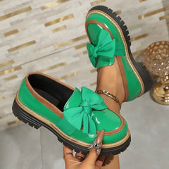 Leather Bow Decoration Loafers Thick Platform Slip-On Shoes Everyday Casual British Style Single Shoes