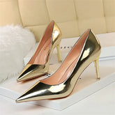 Metal Patent Leather Shallow Mouth Thin High Heel Shoes Elegant Comfort Pointed Toe Gold Silver Party Heel Pumps
