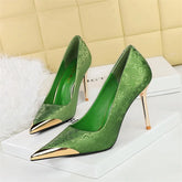 Simple Comfort National style High Heels Silk Stilettos Shallow Metal Pointed Toe Satin Banquet Singe Shoes