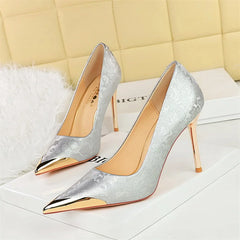 Simple Comfort National style High Heels Silk Stilettos Shallow Metal Pointed Toe Satin Banquet Singe Shoes