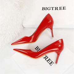 Simple Patent Leather Thin High Heel Pumps Autumn Shallow Mouth Pointed Toe Slimming Single Shoes