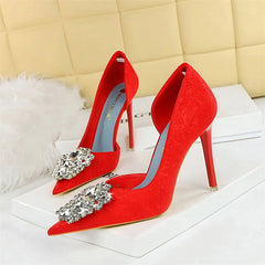 Banquet Shoes Thin Heels High Heels Shallow Mouth Pointed Toe Side Hollowed Out Rhinestones Single Shoes