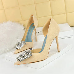 Banquet Shoes Thin Heels High Heels Shallow Mouth Pointed Toe Side Hollowed Out Rhinestones Single Shoes