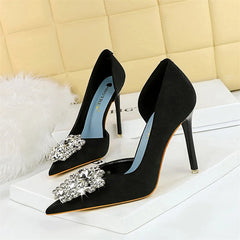 Banquet Shoes Thin Heels High Heels Shallow Mouth Pointed Toe Side Hollowed Out Rhinestones Single Shoes