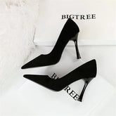 Suede Black Simple Pumps Wine Glasses High Heels Shallow Mouth Pointed Toe Office Comfort Single Shoes