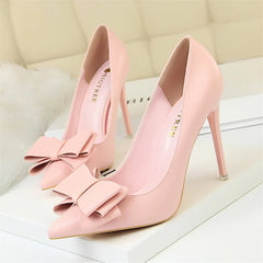 Sweet High Heel Shoes Blue Yellow Shallow Mouth Pointed Toe Butterfly Knot Leather Wedding Party Event Pumps