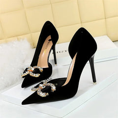 High Heel Rhinestone Buckle Bow Green Pink Pointed Toe Party Pumps Velvet Luxury Elegant Wedding Evening Shoes