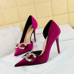 High Heel Rhinestone Buckle Bow Green Pink Pointed Toe Party Pumps Velvet Luxury Elegant Wedding Evening Shoes
