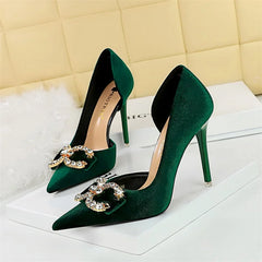 High Heel Rhinestone Buckle Bow Green Pink Pointed Toe Party Pumps Velvet Luxury Elegant Wedding Evening Shoes