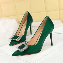 Fashionable High Heels With Light Mouth Square Buckle Rhinestone Slim Heels Single Shoes Pointed Toe High-End Shoes
