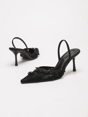 Floral Lace Mesh Pointed Toe Slingback Heels