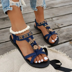 Flower Beaded Bohemian Sandals Roman Style Comfortable Flat Sandals Woman Lightweight Non Slip Beach Shoes
