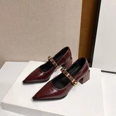 French retro pointedtoe high heels high-end leather Mary Jane shoes single strap thick heel large size shoes