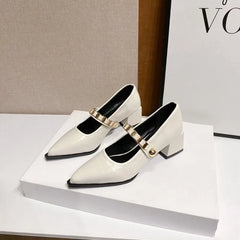 French retro pointedtoe high heels high-end leather Mary Jane shoes single strap thick heel large size shoes