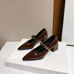 French retro pointedtoe high heels high-end leather Mary Jane shoes single strap thick heel large size shoes