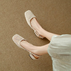 French-style square-toe woven high-heeled sandals