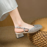 French-style square-toe woven high-heeled sandals