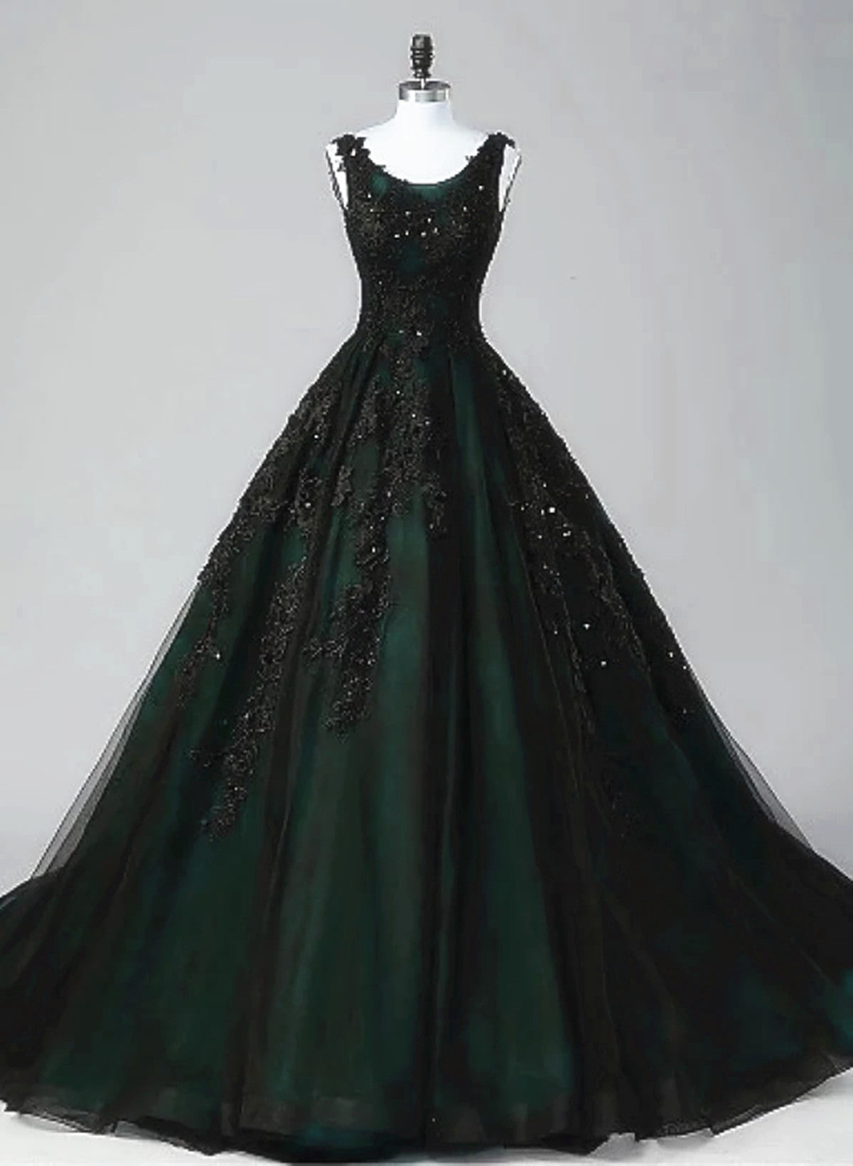 Glam Black and Green Tulle With Lace Long Party Dress – Haibob