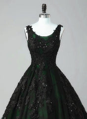 Vestido de fiesta largo glamuroso de tul negro y verde con encaje