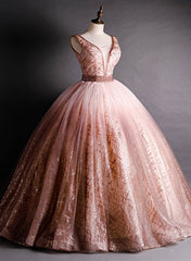 Hermoso vestido formal de fiesta con cuentas y escote en V en color rosa