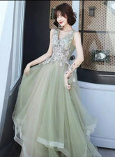 Green and Pink Tulle Long V-neckline Long Evening Dress Party Dress