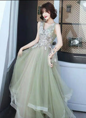 Green and Pink Tulle Long V-neckline Long Evening Dress Party Dress