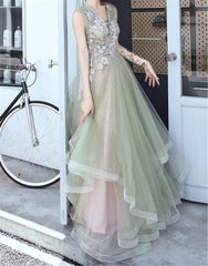 Green and Pink Tulle Long V-neckline Long Evening Dress Party Dress