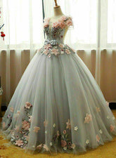 Vestido de fiesta de princesa con flores 3D gris