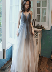 Grey Gradient Tulle V-neckline Backless Sexy Formal Dress