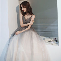 Grey Gradient Tulle V-neckline Backless Sexy Formal Dress