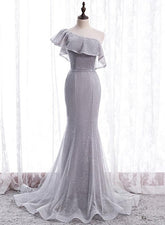 Grey One Shoulder Lace-up Shiny Long Prom Dress Party Dress