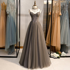 Grey Sweetheart Beaded Straps Long Tulle Prom Dress