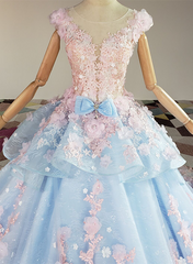 Blue and Pink Ball Gown Tulle with Flowers Sweet 16 Dress