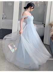 Light Blue Off Shoulder Sweetheart Tulle Long Party Dress
