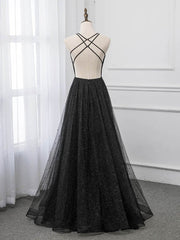 Vestido de fiesta negro con escote en V, tul y satén, tirantes largos y espalda cruzada