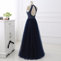 Elegant Navy Blue Halter Beaded Long Evening Dress