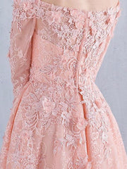 Vestido de fiesta elegante con hombros descubiertos y mangas 1/2 de encaje rosa