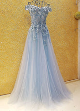 Light Blue Off Shoulder Long Party Dress with Flowers
