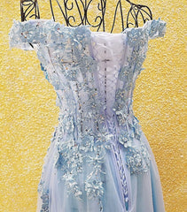 Light Blue Off Shoulder Long Party Dress with Flowers