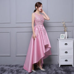 Beautiful Pink High Low Satin and Lace Homecoming Dress