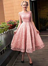 Lindo vestido de fiesta de encaje rosa largo hasta la rodilla