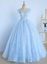 Precioso vestido de fiesta de quinceañera con mangas cortas y encaje azul claro