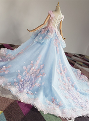 Blue and Pink Ball Gown Tulle with Flowers Sweet 16 Dress